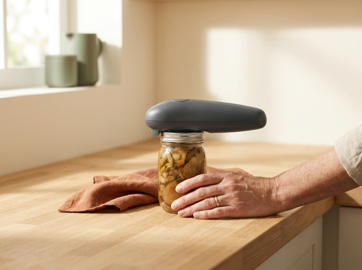 An ergonomic jar opener gripping a jar lid on a warm kitchen counter, designed for a weak grip