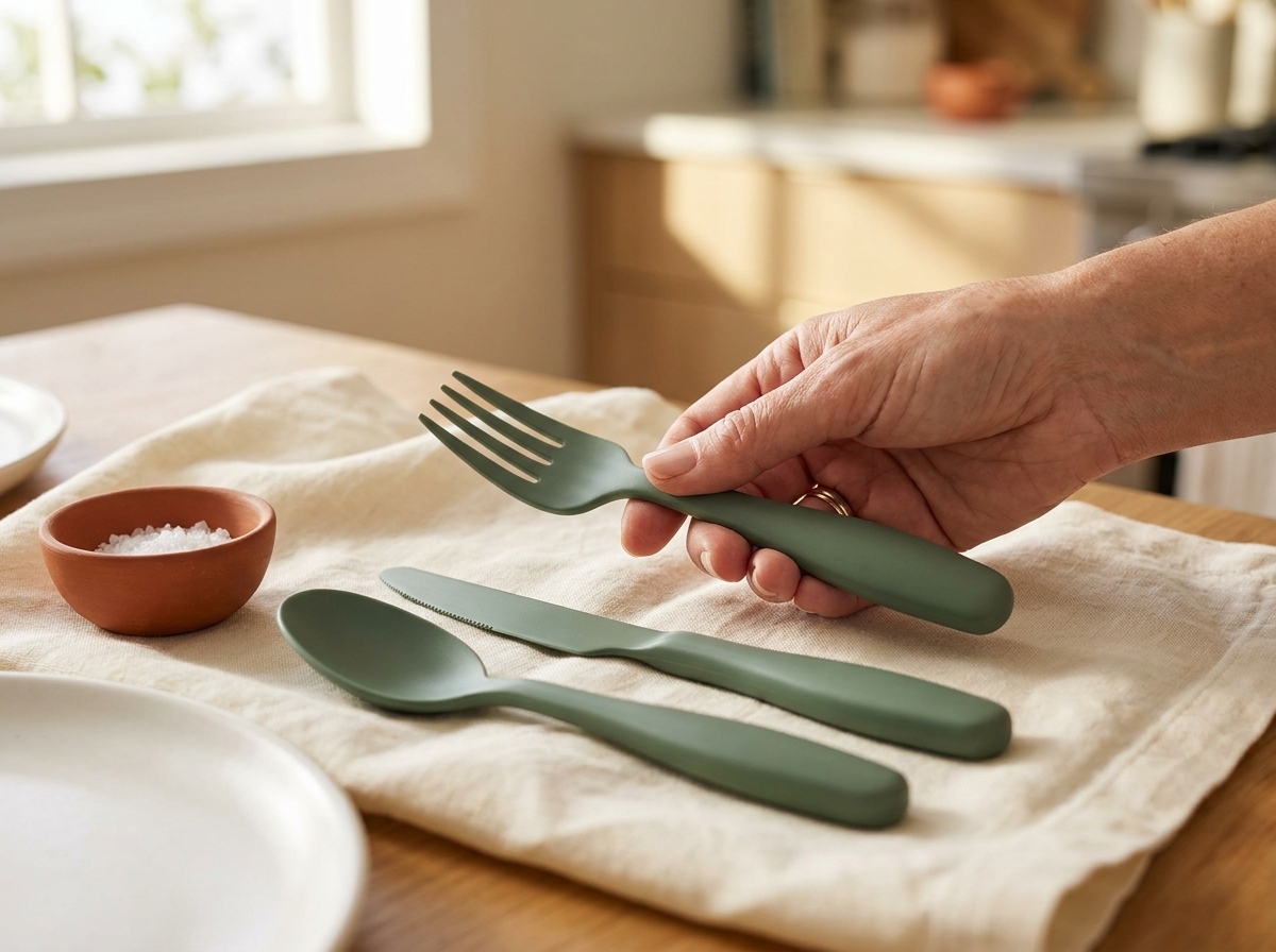 Built-up wide soft-grip silverware resting on a linen napkin, comfortable to hold